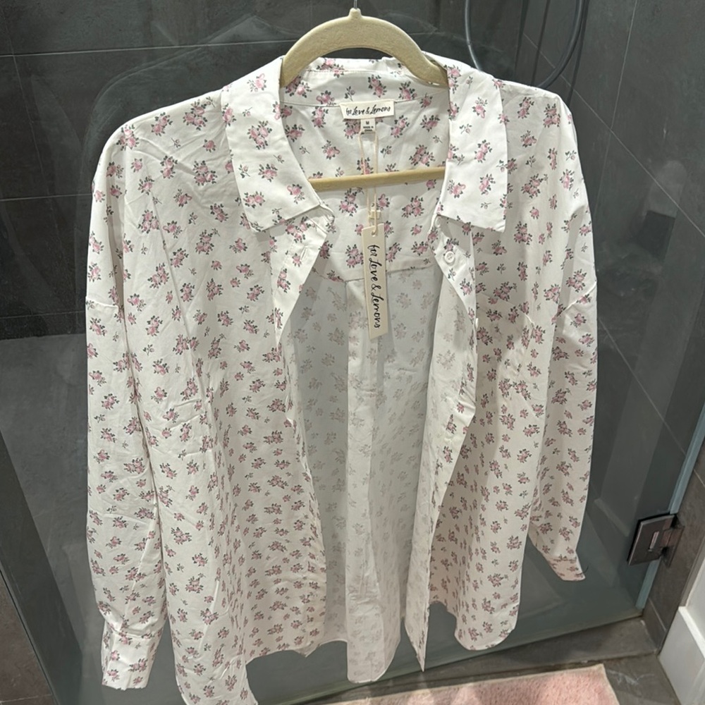 For Love And Lemons White and Pink Floral Button Down Shirt
